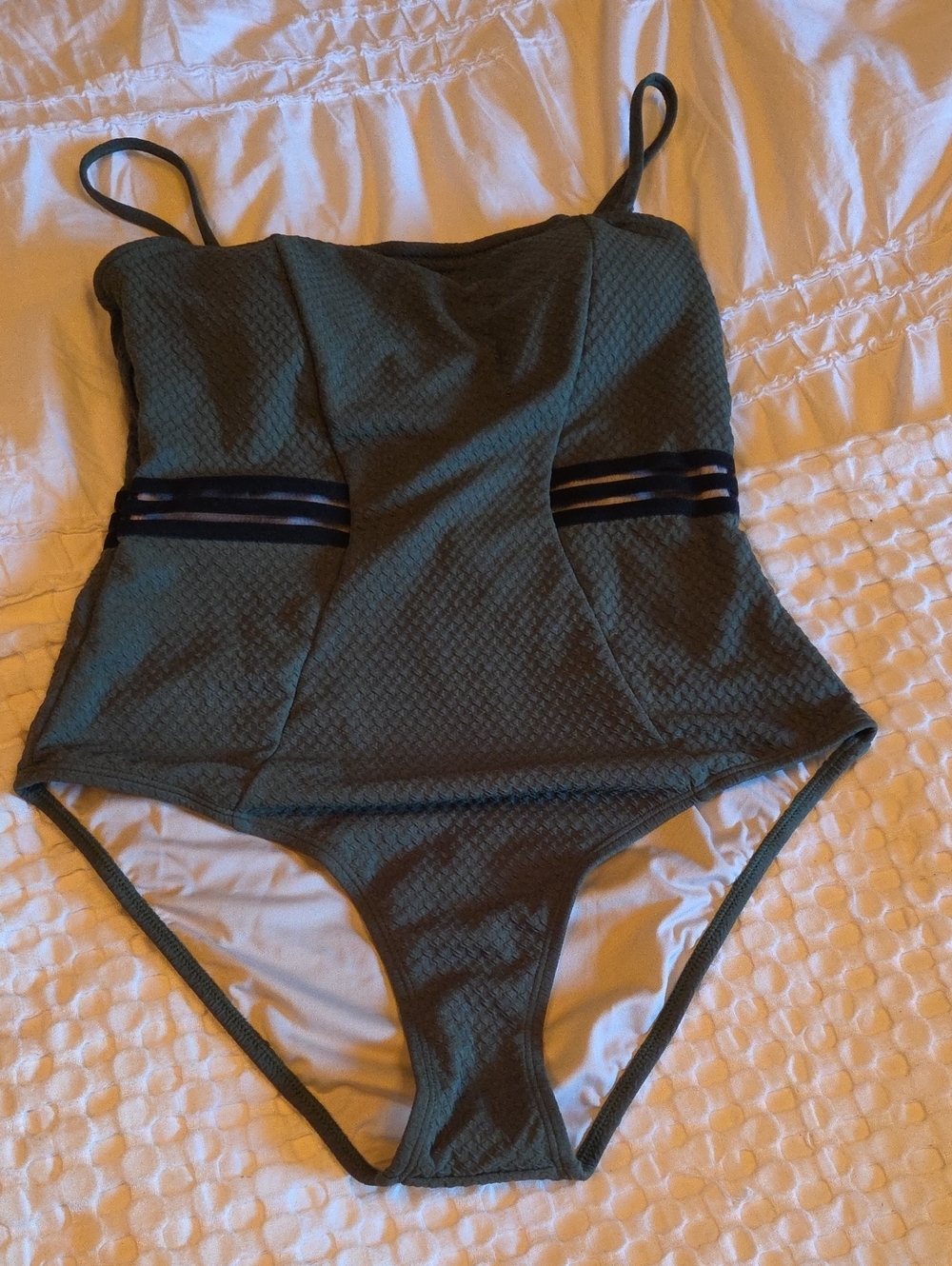 Cupshe Olive Green Textured One-Piece Swimsuit with Black Mesh Straps